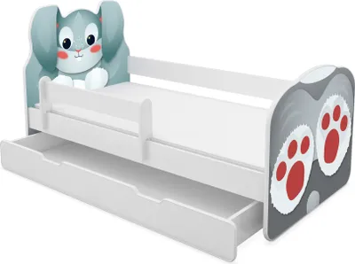 Image de ACMA Animaux VII Lit d'enfant Lit d'adolescent Lit junior Set complet avec matelas Protection antichute Sommier (01 Lapin, 140x70 cm + coffre de lit)