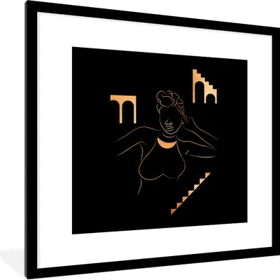 Produktbild von MuchoWow® Gerahmtes Poster Frau - Gold - Schwarz - Strichzeichnung 40x40 cm - Poster mit Schwarzem Bilderrahmen Wandposter Rahmen Foto Bilder - Poster - Plakat im Rahmen
