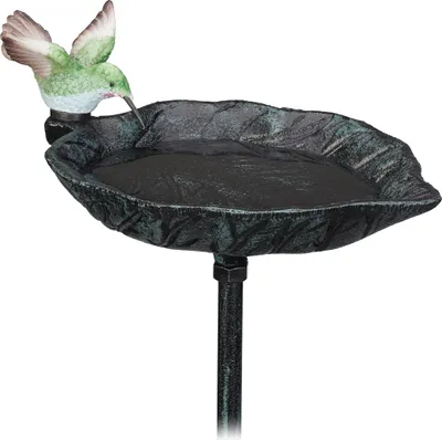 Produktbild von Relaxdays Vogeltränke Gusseisen, Deko Gartenstecker, H x B x T: 100,5 x 13,5 x 19 cm, Vogelbad, zum Stecken, dunkelgrün