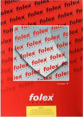 A product shot of FOLEX-BG-72-A3 Overheadfolie, with multiple sheets of the product layered on top of each other, set against a red background with repeating brand logos.