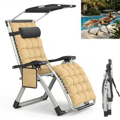 Obrázek produktu pro XMTECH Relaxační lehátko do sauny, skládací, se sluneční stříškou, nastavitelné v rozmezí 90–170°, s polstrováním, polštářem, držákem na nápoje a boční kapsou, do zahrady a na kempování, béžové