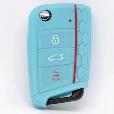 Produktbild von Auto Schlüssel Hülle Silikon Schutz Cover im Wabe Design Fluoreszierend Blau kompatibel mit Golf 7 Polo 6C Seat Ateca Arona Leon Skoda Octavia Superb Kodiaq 3 Tasten Klappschlüssel
