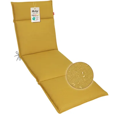A yellow chaise lounge cushion is shown against a white background.