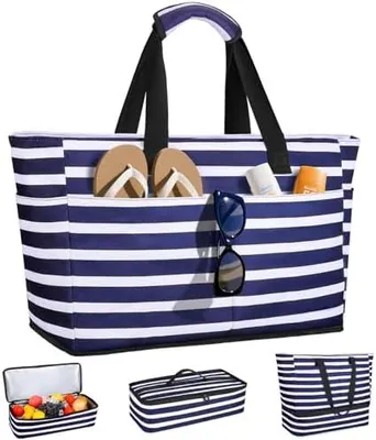 Produktbild von Strandtasche XXL Familie mit Kühltasche, Groß Strandtasche mit Reißverschluss Wasserdicht Sanddicht, Handtasche Damen 49L, Faltbar Badetasche für Urlaub Reisen Fitnessstudio Picknick