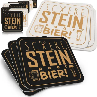 Produktbild von 50 Bierdeckel lustig, Schere Stein Paar Bier Spruch, Party Schwarz-Weiß Pappe