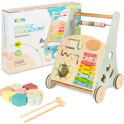 Image de COIL Poussette 3 en 1 en bois, Jouet éducatif, Jouet musical, Poussette d'éveil, Labyrinthe,Abacus, Cymbales, Tambour, Trieur de blocs, dès 12 mois, Vert