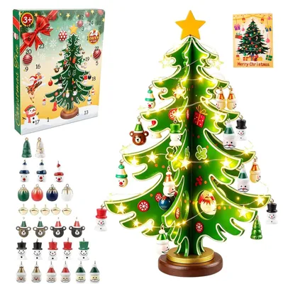 Produktbild von Adventskalender 2026 Kinder mit Mini Lichterkette Hölzerner Weihnachtsbaum und 30 Ornamenten 24 Tage Countdown für Weihnachtsdeko Tisch Weihnachtsdeko