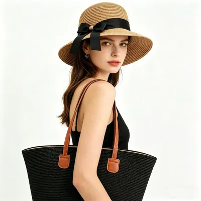 Produktbild von Strohhut & Strandtasche Damen Set – UV Sonnenhut Sommer Schwarz