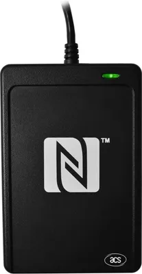 A black NFC card reader with an 'N' logo and a green indicator light.