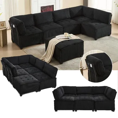 Zdjęcie produktu dla Modułowa sofa dla 6 osób, wymiary 308x154x81,99 cm, obita tkaniną typu cord w kolorze czarnym. Możliwość elastycznego łączenia w kształt litery "U" lub "L", a także możliwość wykorzystania jako sofa rozkładana