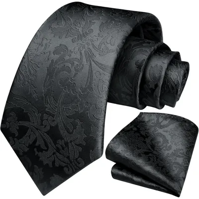 Productafbeelding van Herenset: stropdas en zakdoek, paisley bloemmotief, jacquard, 100% zijde, zwart