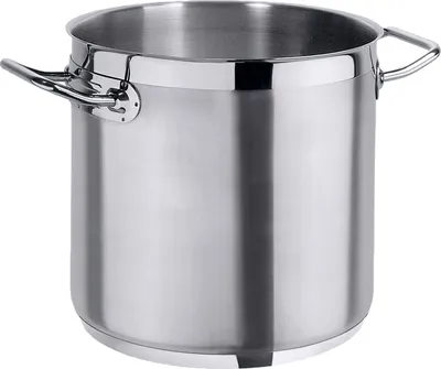 A stainless steel cooking pot with two handles.