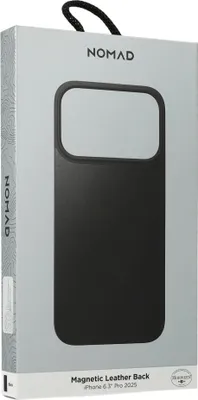 The image shows the retail packaging for a Nomad Magnetic Leather Back for an iPhone.