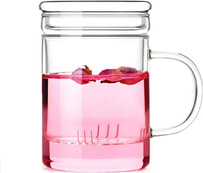 Produktbild von 380 ml Teebecher aus Glas mit Glasfilter und flachem Deckel