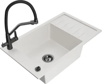 Produktbild von Mexen Elias 1 Becken-Granitspüle mit Abtropffläche und Mischbatterie Duo, Weiß - 6511-20-671701-70-B