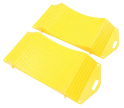 Zdjęcie produktu dla 1 para ramp ochronnych do kół z antypoślizgową podkładką, na każdą porę roku, wytrzymałe, z HDPE, do samochodów sportowych, SUV-ów, kamperów, przyczep kempingowych, ciężarówek i pojazdów rekreacyjnych, kolor żółty, małe (GT18P)