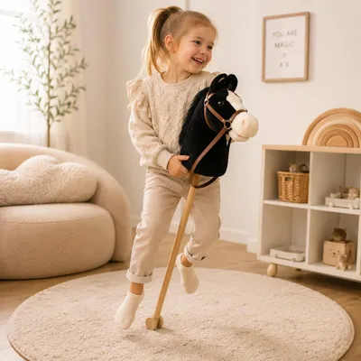 BOECKIE Hobby Horse Steckenpferd mit Rollen und Zügeln für Kinder – schwarzes Plüschpferd aus Holz