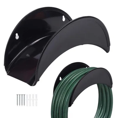 Produktbild von Relaxdays Schlauchhalter, 2er Set, bis 38 m Gartenschlauch, Kantenschutz, Wandmontage, Gartenschlauchhalterung, schwarz