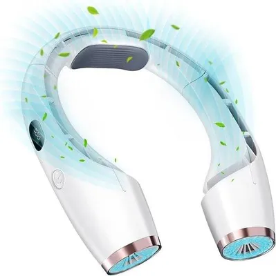 Image de Ventilateur de cou portable, système de refroidissement à 720°, 6000 mAh, 18 V, indicateur LED de batterie, 3 vitesses, ultra silencieux, humidificateur personnel rechargeable