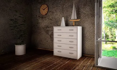 Produktbild von MATKAM Schubladen-Kommode 5S in moderner Optik, B 74 x H 85 x T 35 cm, laminierte Möbelplatte 16 mm, mit Rückwand, 5 Schubfächer (Weiß)
