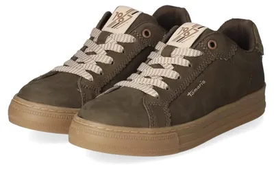 Zdjęcie produktu dla Buty sportowe damskie Tamaris, model niski, kolor zielony, wykonane z materiałów syntetycznych, skóry i tekstylnych, rozmiar: 42