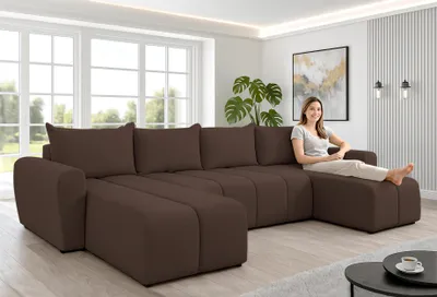 Image de AX LIVING Canapé d'angle grand Ferrande 317 cm - Canapé marron avec fonction sommeil & structure