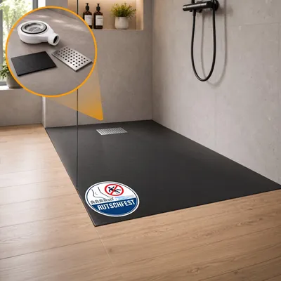 Produktbild von Dalsys Duschwanne 120x90cm mit Ablaufgarnitur - flache Duschtasse in Steinoptik inkl. Siphon - bodengleiche Dusche schwarz