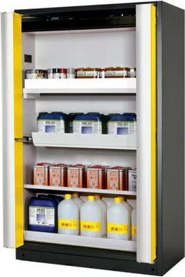 Produktbild von Transportabler Sicherheitsschrank Typ 90 - Falttüren - ca. 2 x 1,2 x 0,6 m (HxBxT) - 4 Wannenböden - lichtgrau - PP grau