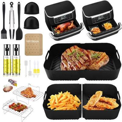 Produktbild von 23-tlg. Zubehör Set für Ninja AF500EU,Silikonform 10.4L & 5.2L,2x 100ml Ölsprüher Glas,Grillrost,Backpapier,BPA-frei,Airfryer Zubehör,Schwarz,Edelstah