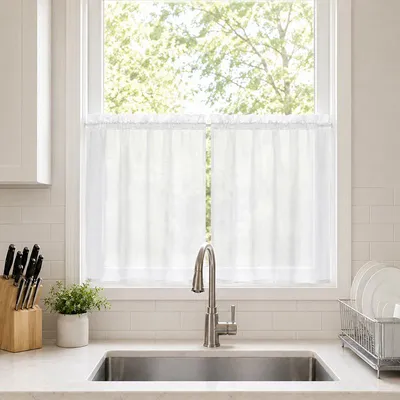 Immagine prodotto di Set da 2 tende a pannello effetto lino, semitrasparenti, tende da bistrot corte, tende in voile, tende da cucina, L85xA76 cm, bianco