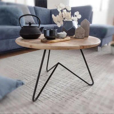 Image de FineBuy Table basse en acacia massif ronde 60 cm - Table de salon avec structure métallique au design moderne - Fait main - Look naturel & style industriel