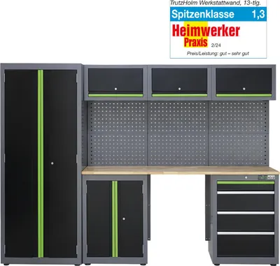Produktbild von Werkstattwand 13-tlg. modulares Werkstattschranksystem aus Stahl mit massiver Holzarbeitsplatte grün