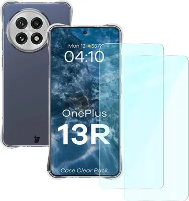 A clear phone case and two screen protectors are displayed.