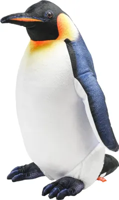 A plush toy penguin is shown standing against a white background.