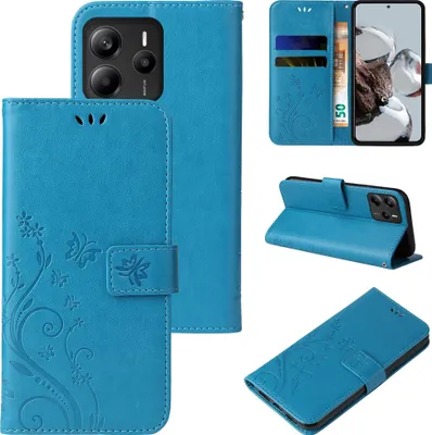 Produktbild von Handyhülle für Xiaomi Redmi Note 14 5G Floral Blumen Schmetterling Flip Cover Hülle Case Klapphülle Handytasche Farbe: Blau