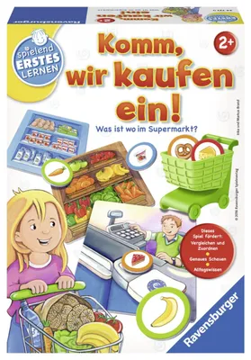 A colorful illustration of a board game for children about shopping at a supermarket.