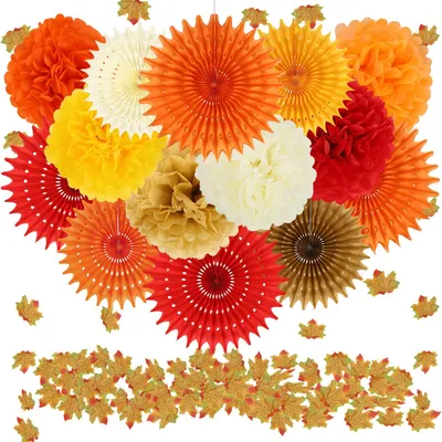 Produktbild von 17-teiliges Party-Deko-Set - Papier-Pompoms Fächer und Girlanden mit Ahornblatt-Motiv - Herbstdekoration - Orange Khaki Beige Rot