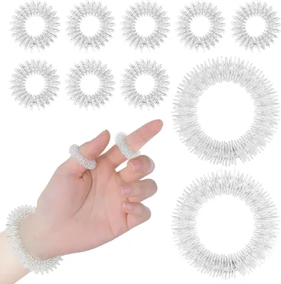 Produktbild von Akupressur Ringe, 10er Set Silber Massageringe für Finger und Handgelenk, Anti Stress Akkupressurringe zur Förderung der Durchblutung und Stressabbau, Arthroroller Sensorische Skill Ring