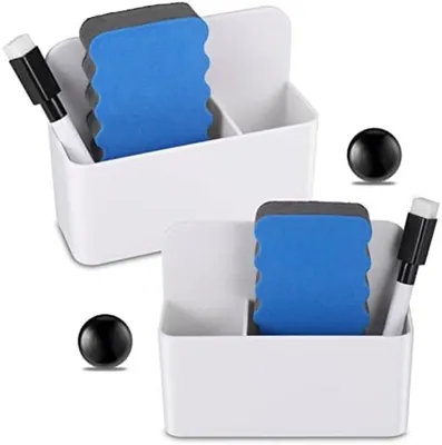 Produktbild von PromoHome® Magnetische Whiteboard Stifthalter Set - 2 Stück mit Markern, Schwämmchen und Magneten - für Whiteboard, Kühlschrank und Büro