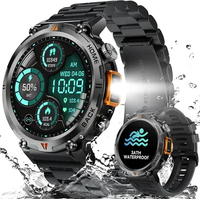 Produktbild von AdivaX Militär Smartwatch Herren mit Telefonfunktion 3ATM wasserdicht LED Taschenlampe 24h Gesundheitsüberwachung 110+ Sportmodi