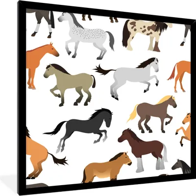 Produktbild von MuchoWow® MuchoWow® Gerahmtes Poster Pferde - Weiß - Muster - Mädchen - Kinder - Mädchen 40x40 cm - Poster mit zchwarzem Bilderrahmen - Mit Rahmen - Wanddekoration Schlafzimmer