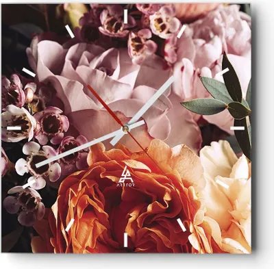 Produktbild von Wanduhr - Quadrat - Glasuhr - Blumen Getreide Rosen - 30x30cm - Schleichendes Uhrwerk - Lautlos - zum Aufhängen bereit - Dekoration Modern - Wanddekoration aus Glas - C3AC30x30-4692
