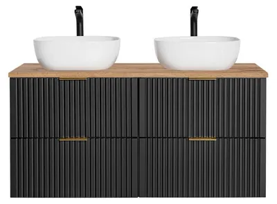 Immagine prodotto di Insieme mobile sotto lavabo NOXERA 140 cm – Nero opaco e rovere – 2 mobili + 2 nicchie + piano per lavabo