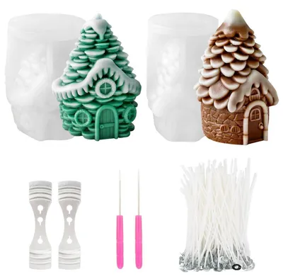 Produktbild von Silikon Kerzenformen Set Weihnachten Tannenzapfenhaus mit Dochten und Werkzeug