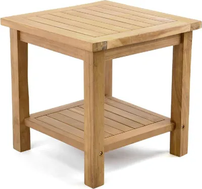 A wooden side table with a shelf.