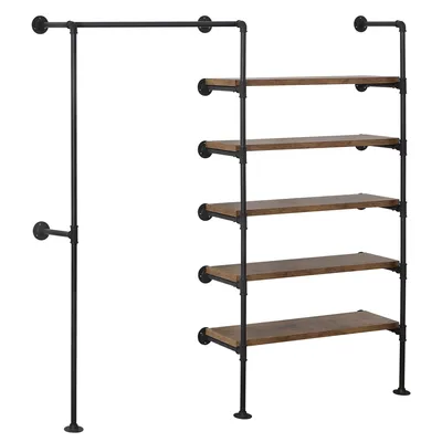 Obrázek produktu pro Průmyslový věšák na oblečení s 5 policemi a montáží na zeď | Černá barva | 187,5 x 35 x 184 cm