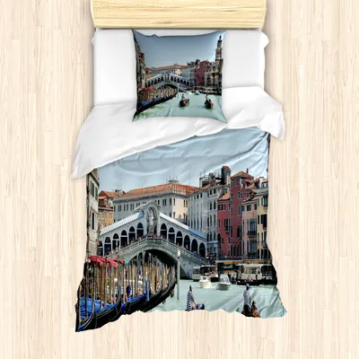 Produktbild von ABAKUHAUS Italien Mantele, Venedig Gondel Canal Foto, Milbensicher Allergiker geeignet mit Kissenbezügen, 135 cm x 200 cm - 80 x 80 cm, Mehrfarbig