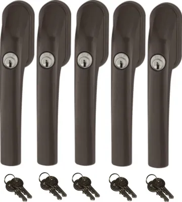Five brown window handles with silver keyholes are arranged in a row, with five sets of keys below them.