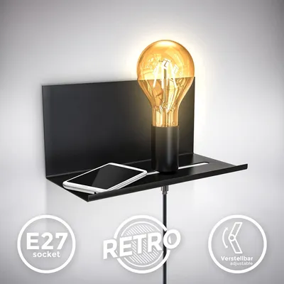 Immagine prodotto di B.K.Licht, Lampada da parete con mensola, Interruttore sul cavo di alimentazione, attacco per lampadina E27 non inclusa, Applique retrò per camera, Lampada da muro con 1 punto luce, Nero opaco