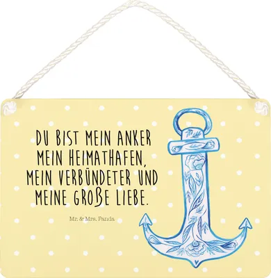 Produktbild von Mr. & Mrs. Panda Schild Anker Blau DIN A4 - Gelb Pastell - Geschenk, kleine aufmerksamkeit, Türschild, Lustige Sprüche, holzbild, Wandbild Holz